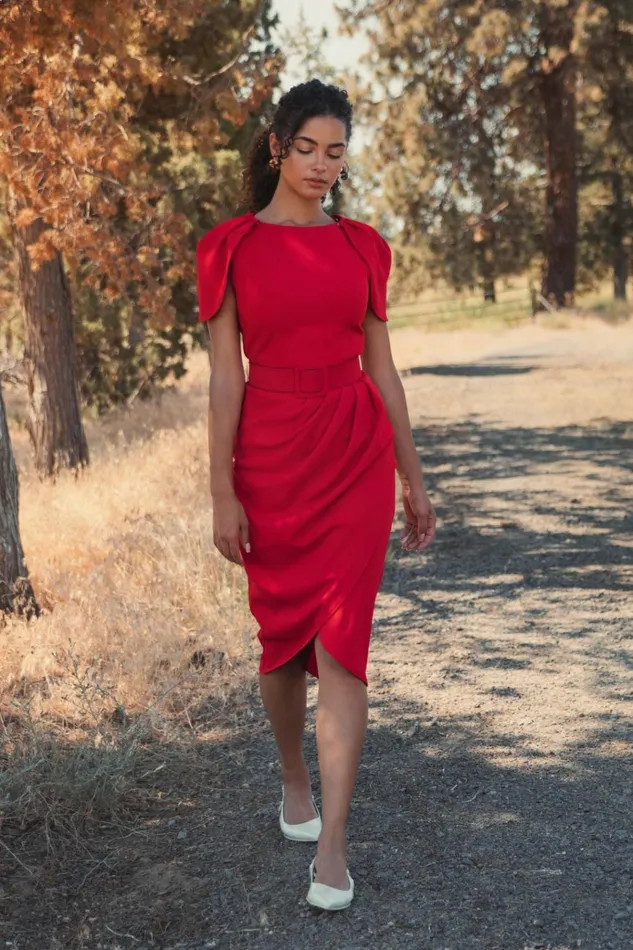 Women Every Day Dresses Mac Duggal Crepe Boat Neck Midi Tulip Dress With Belt Cherry