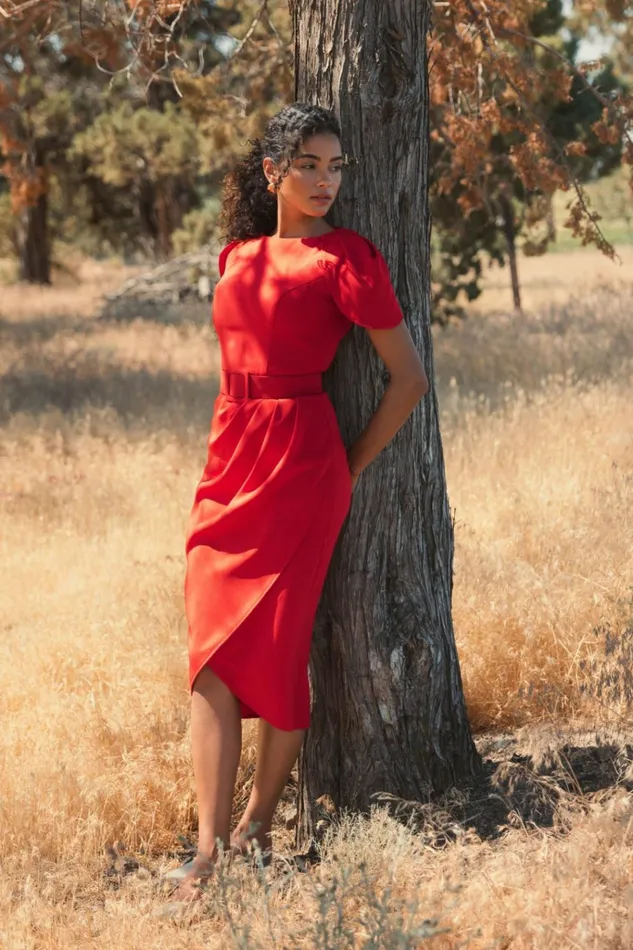 Women Every Day Dresses Mac Duggal Crepe Boat Neck Midi Tulip Dress With Belt Cherry