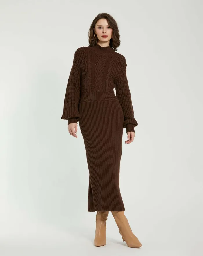 Women Every Day Dresses Mac Duggal Long Sleeve Turtle Neck Knit Midi Dress Chocolate