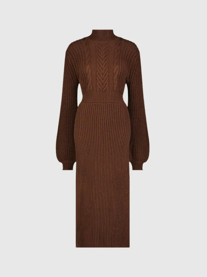 Women Every Day Dresses Mac Duggal Long Sleeve Turtle Neck Knit Midi Dress Chocolate