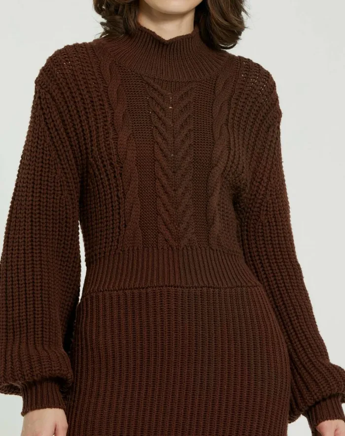 Women Every Day Dresses Mac Duggal Long Sleeve Turtle Neck Knit Midi Dress Chocolate