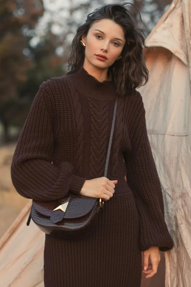 Women Every Day Dresses Mac Duggal Long Sleeve Turtle Neck Knit Midi Dress Chocolate