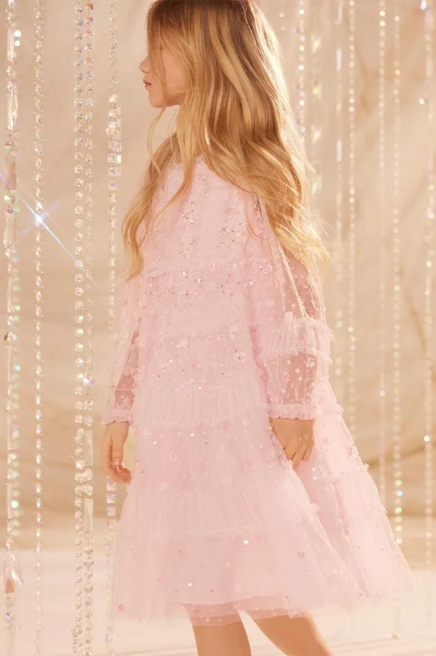 Women Exclusives Needle and Thread Violet Shimmer Long Sleeve Kids Dress Pink