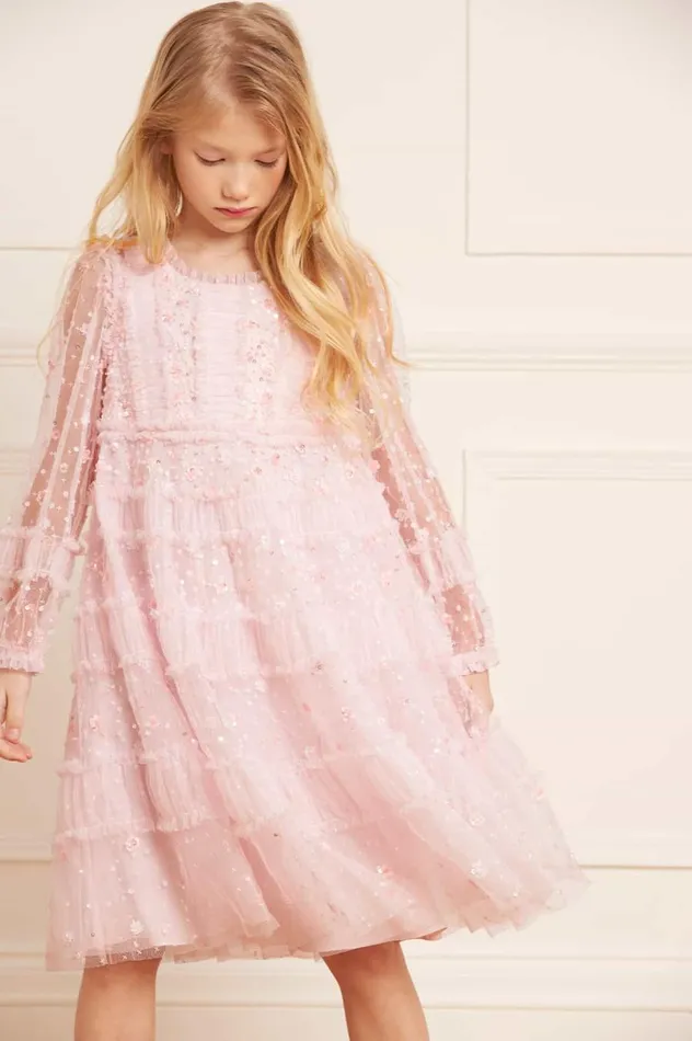 Women Exclusives Needle and Thread Violet Shimmer Long Sleeve Kids Dress Pink