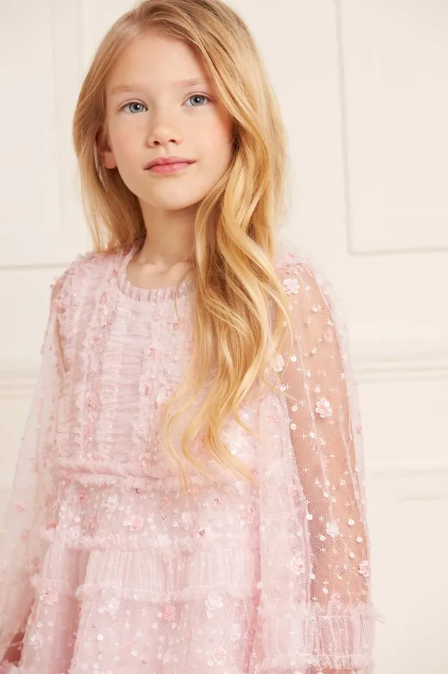 Women Exclusives Needle and Thread Violet Shimmer Long Sleeve Kids Dress Pink