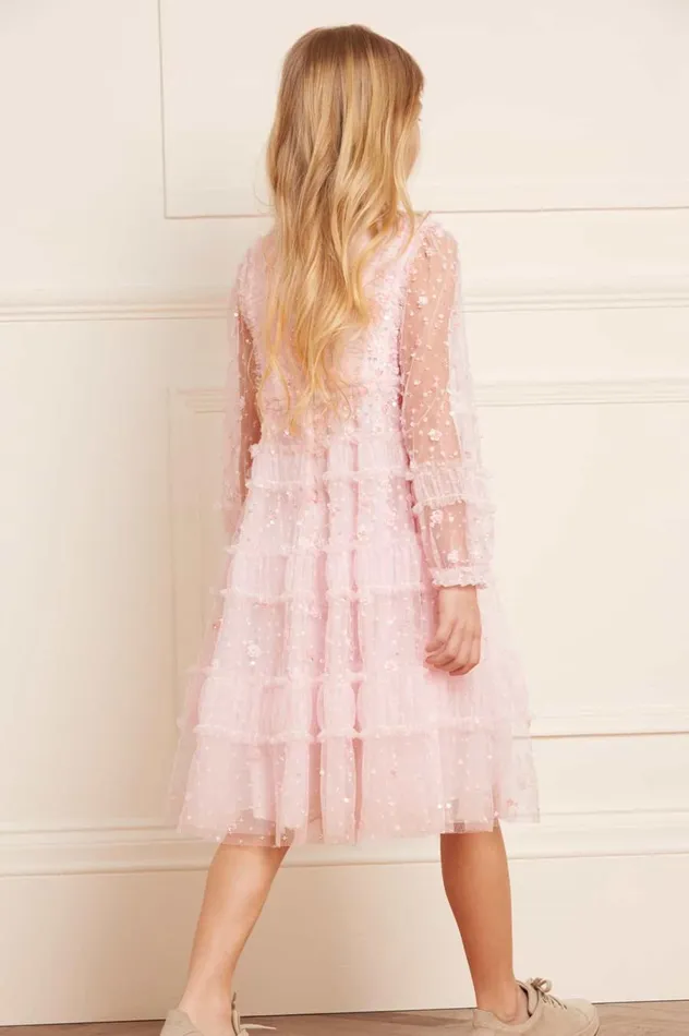 Women Exclusives Needle and Thread Violet Shimmer Long Sleeve Kids Dress Pink