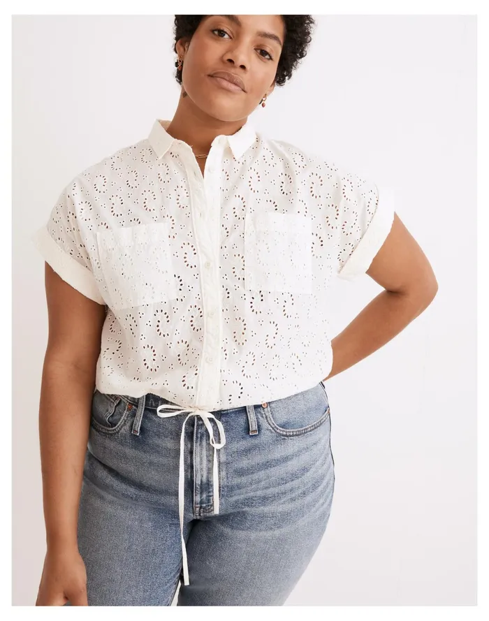 Women Eyelet Button Up Drawstring Shirt Lighthouse Madewell Tops and Shirts