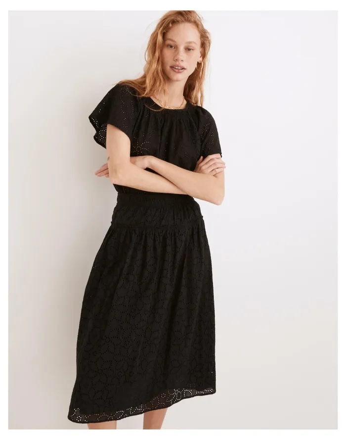 Women Eyelet Flutter Sleeve Top True Black Madewell Tops and Shirts