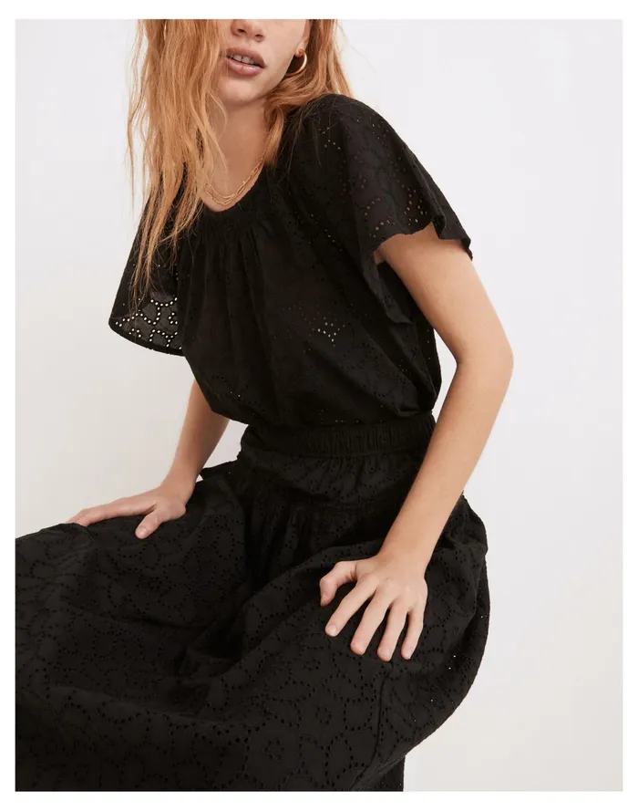 Women Eyelet Flutter Sleeve Top True Black Madewell Tops and Shirts Women Eyelet Flutter Sleeve Top True Black Madewell Tops and Shirts