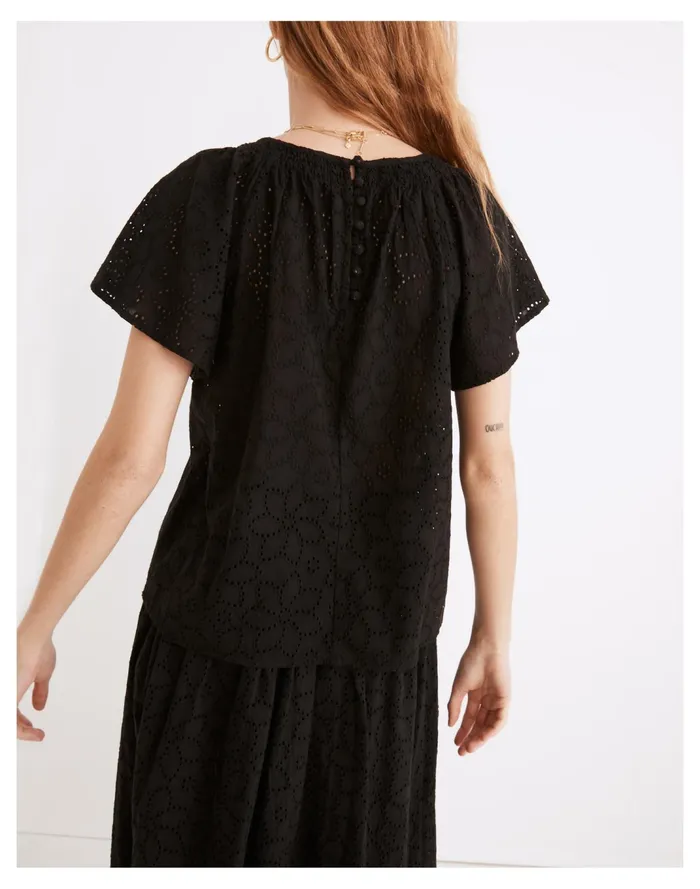 Women Eyelet Flutter Sleeve Top True Black Madewell Tops and Shirts Women Eyelet Flutter Sleeve Top True Black Madewell Tops and Shirts