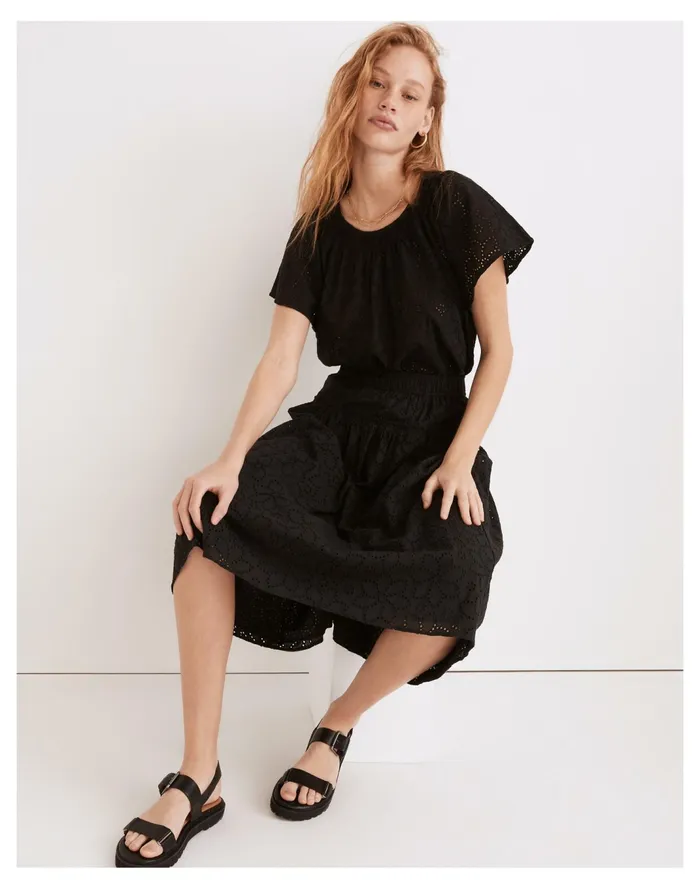 Women Eyelet Flutter Sleeve Top True Black Madewell Tops and Shirts Women Eyelet Flutter Sleeve Top True Black Madewell Tops and Shirts