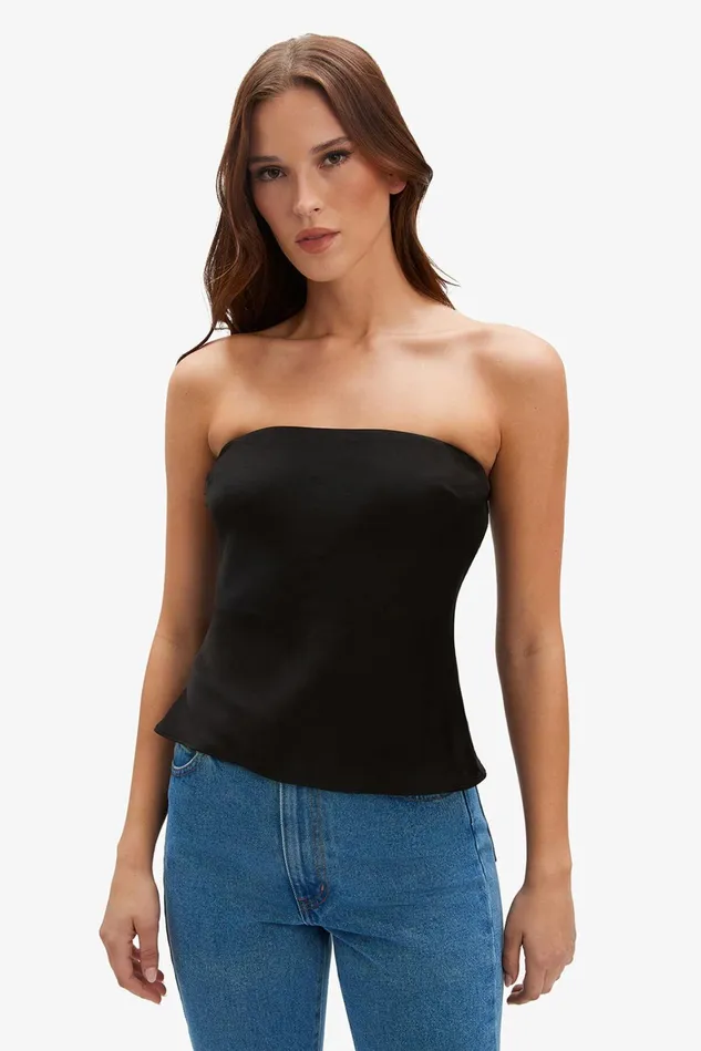 Women Fashion Tops Bardot Casette Strapless Satin Top In Black Black