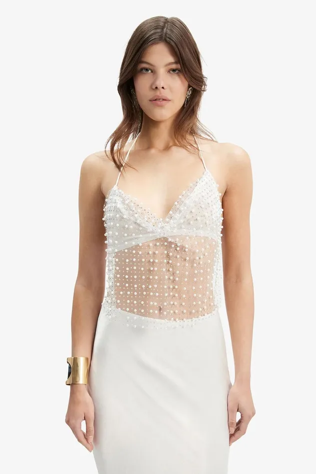 Women Fashion Tops Bardot Elliptical Halter Top In Pearl Pearl