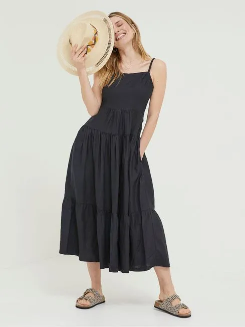Women Fatface Dresses Black Linen Julien Midi Dress