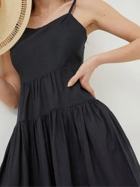 Women Fatface Dresses Black Linen Julien Midi Dress Women Fatface Dresses Black Linen Julien Midi Dress