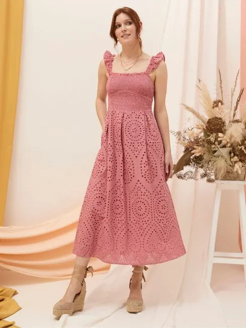 Women Fatface Dresses Kadiri Pink Shirred Midi Dress
