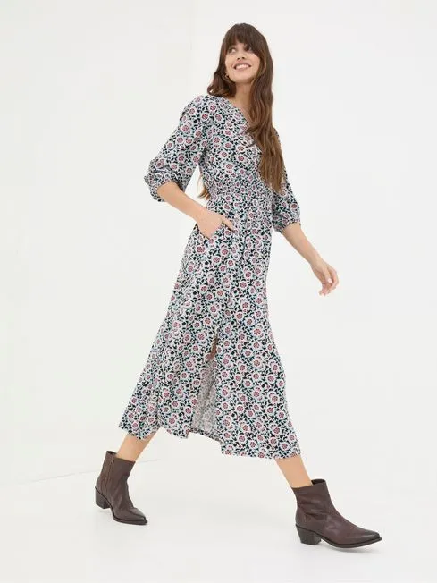 Women Fatface Floral Dresses Rene Black Wild Floral Midi Dress
