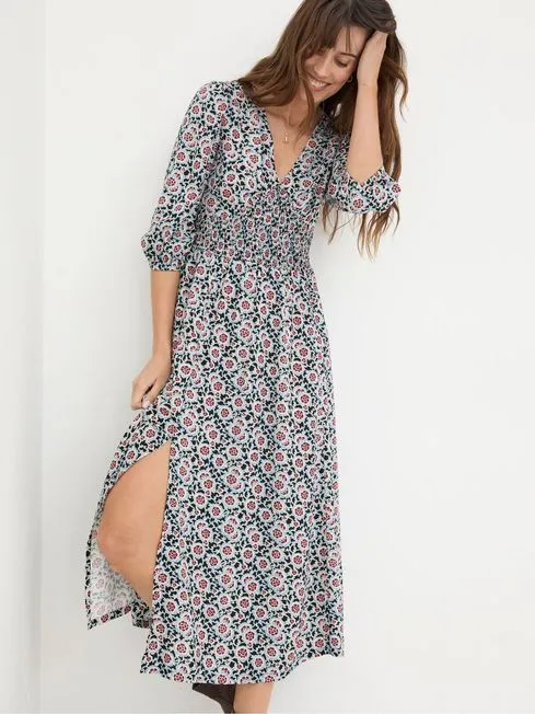 Women Fatface Floral Dresses Rene Black Wild Floral Midi Dress