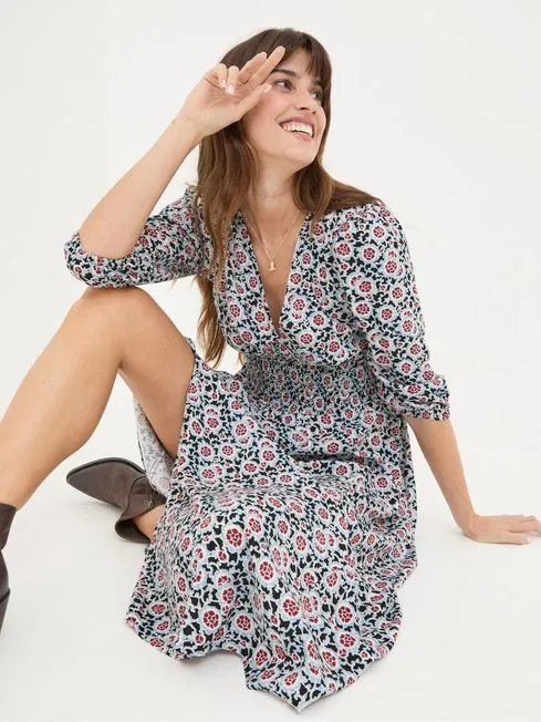 Women Fatface Floral Dresses Rene Black Wild Floral Midi Dress