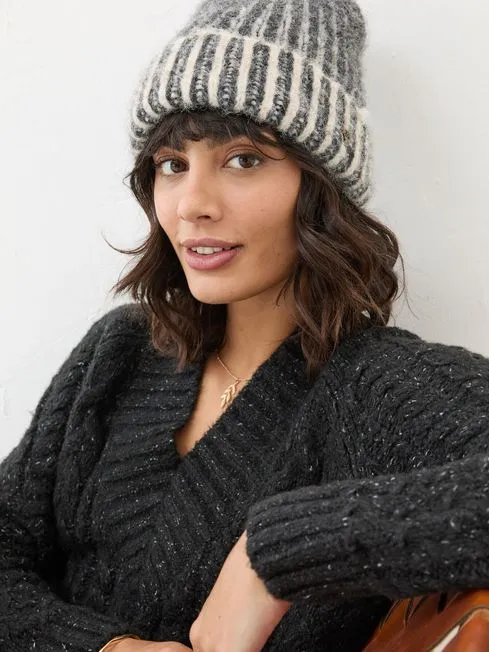 Women Fatface Hats Grey Plaited Rib Beanie