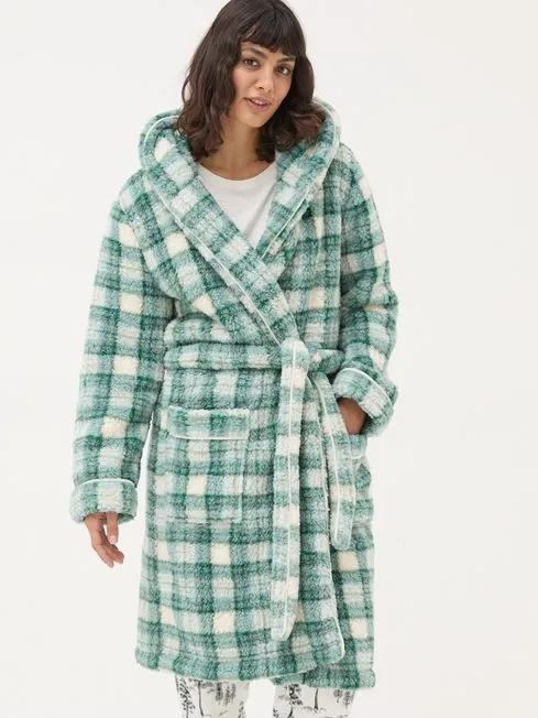 Women Fatface Loungewear Borg Green Check Dressing Gown