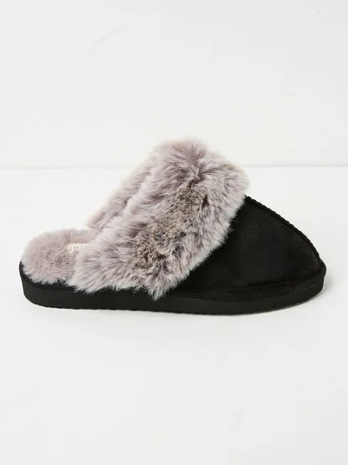 Women Fatface Loungewear Kaia Black Faux Fur Cuff Mules