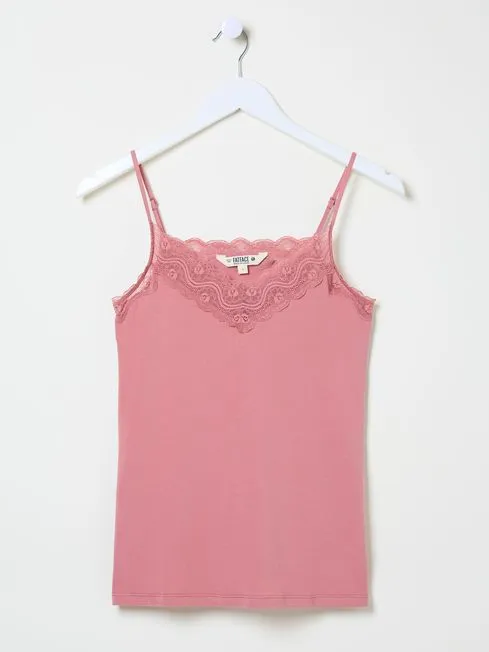 Women Fatface Loungewear Pink VNeck Lace Vest Pyjama Tops