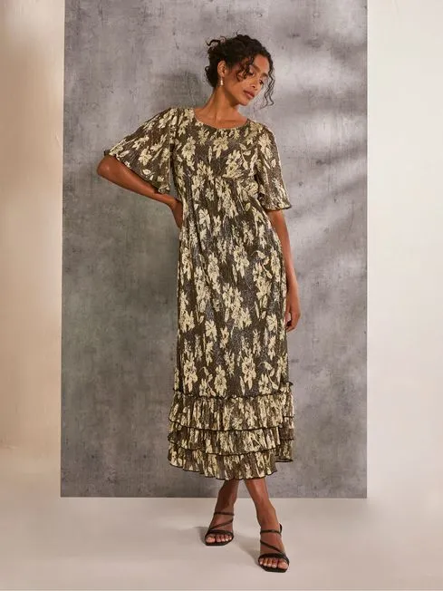Women Fatface Maxi Dresses Lucia Gold Foil Plisse Maxi Dress