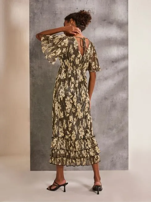 Women Fatface Maxi Dresses Lucia Gold Foil Plisse Maxi Dress