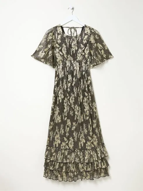 Women Fatface Maxi Dresses Lucia Gold Foil Plisse Maxi Dress
