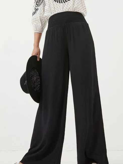 Women Fatface Pants and Leggings Black Shirred Wide Leg Palazzo Trousers