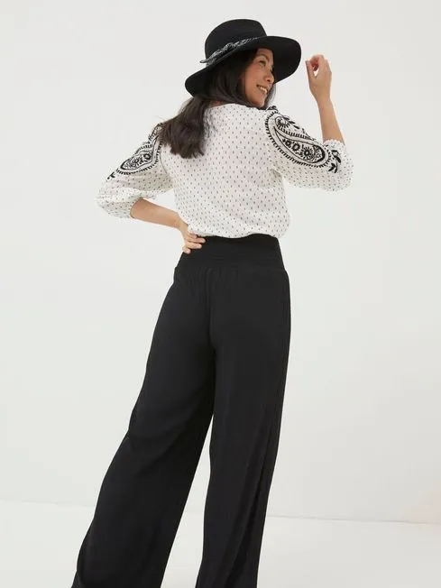 Women Fatface Pants and Leggings Black Shirred Wide Leg Palazzo Trousers