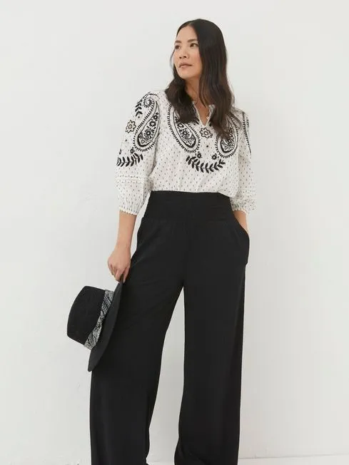 Women Fatface Pants and Leggings Black Shirred Wide Leg Palazzo Trousers