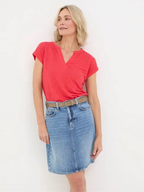 Women Fatface Shirts and Blouses Red Linen Notch Neck Top