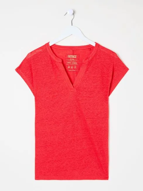 Women Fatface Shirts and Blouses Red Linen Notch Neck Top