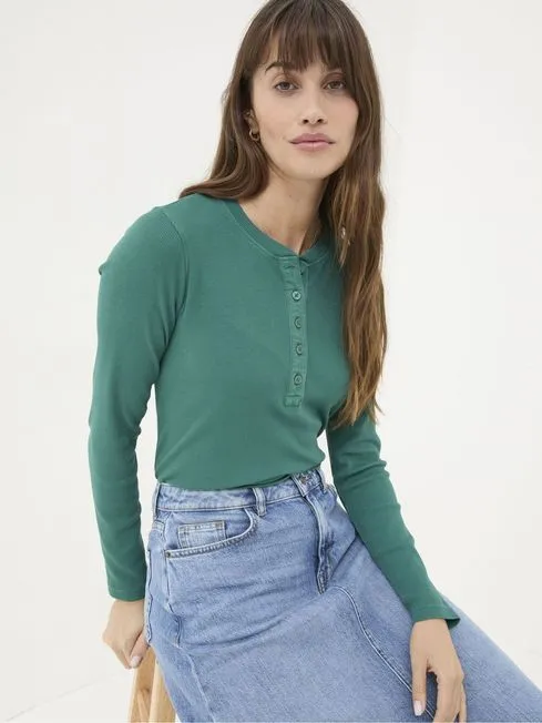 Women Fatface Tops and TShirts Hettie Green Rib Henley Top Women Fatface Tops and TShirts Hettie Green Rib Henley Top