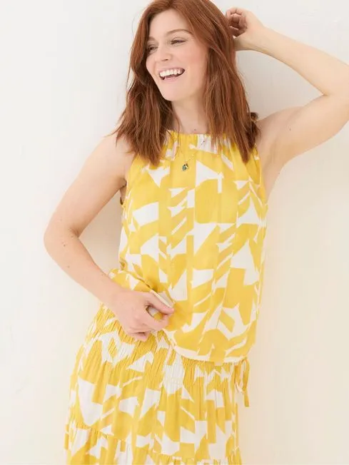 Women Fatface Tops and TShirts Lyra Yellow Med Geo CottonLinen Mix Cami