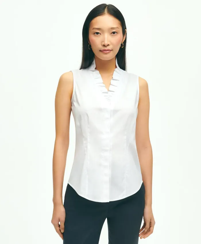 Women Fitted NonIron Stretch Supima Cotton Ruffle Shirt White Brooks Brothers Blouses and Shirts Women Fitted NonIron Stretch Supima Cotton Ruffle Shirt White Brooks Brothers Blouses and Shirts
