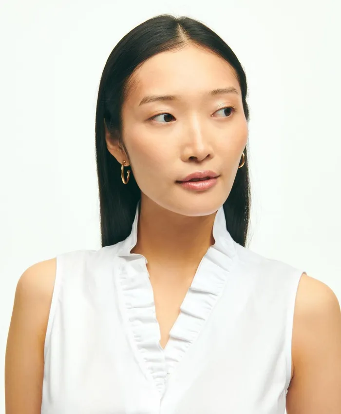 Women Fitted NonIron Stretch Supima Cotton Ruffle Shirt White Brooks Brothers Blouses and Shirts