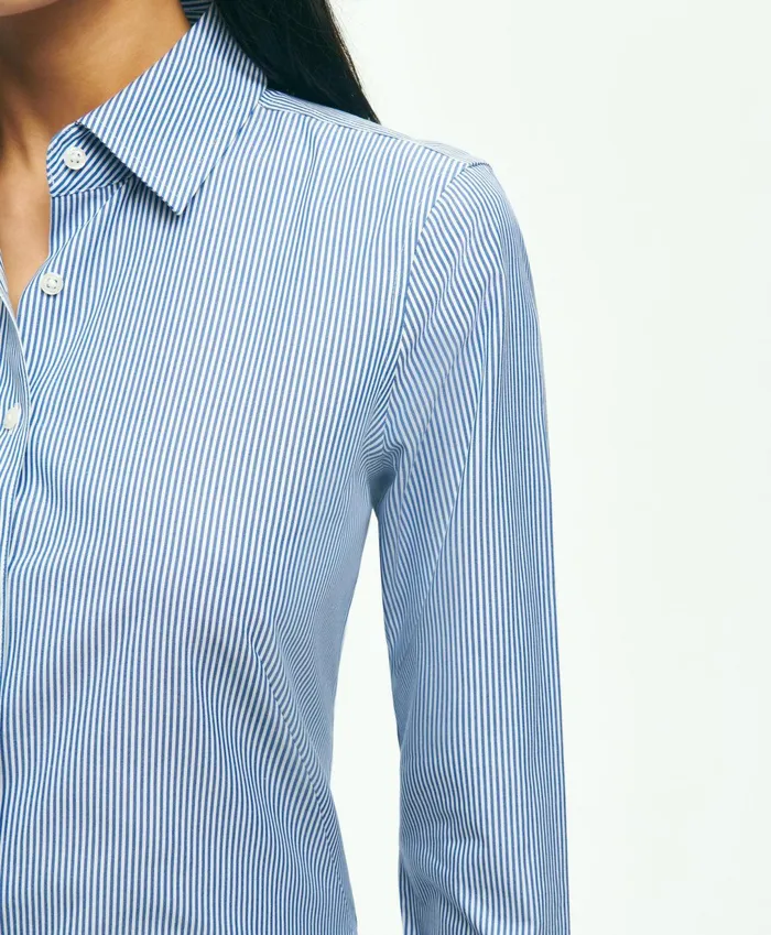Women Fitted Stretch Supima Cotton NonIron Mini Stripe Dress Shirt Bright Blue Brooks Brothers Blouses and Shirts