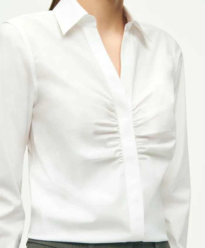 Women Fitted Stretch Supima Cotton NonIron Shirred Blouse White Brooks Brothers Blouses and Shirts