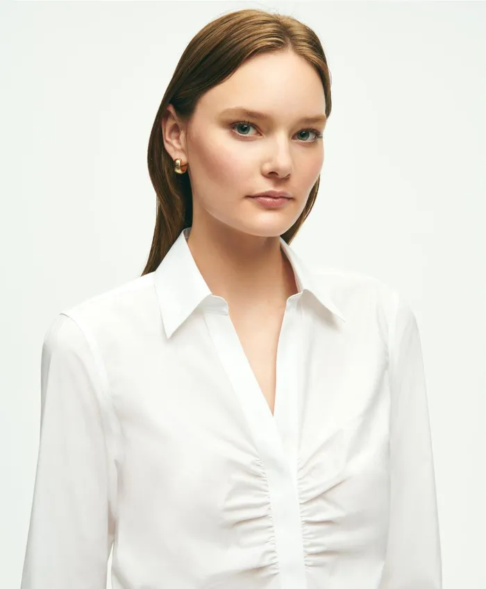 Women Fitted Stretch Supima Cotton NonIron Shirred Blouse White Brooks Brothers Blouses and Shirts