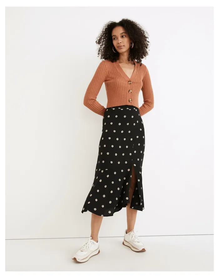 Women Flounce Hem Midi Skirt In Bloom Dot True Black Madewell Skirts