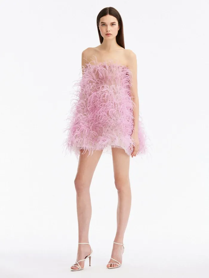 Women For The Bride Oscar De La Renta Strapless Feather Embroidered Mini Dress Lavender