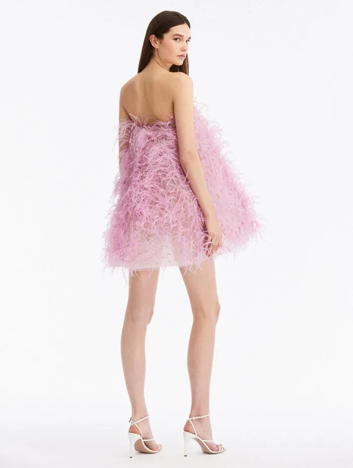 Women For The Bride Oscar De La Renta Strapless Feather Embroidered Mini Dress Lavender Women For The Bride Oscar De La Renta Strapless Feather Embroidered Mini Dress Lavender