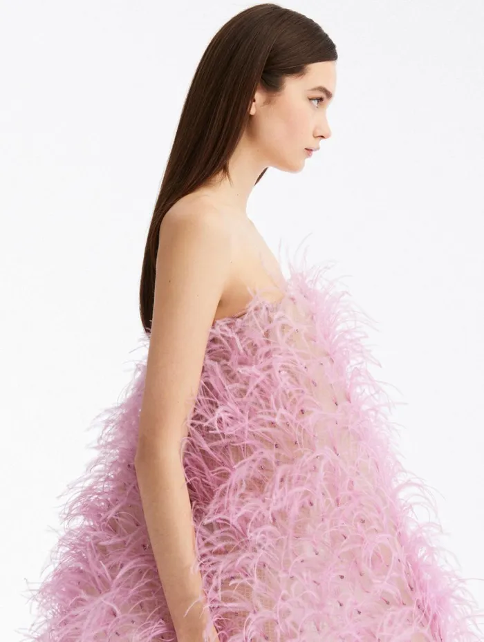 Women For The Bride Oscar De La Renta Strapless Feather Embroidered Mini Dress Lavender Women For The Bride Oscar De La Renta Strapless Feather Embroidered Mini Dress Lavender