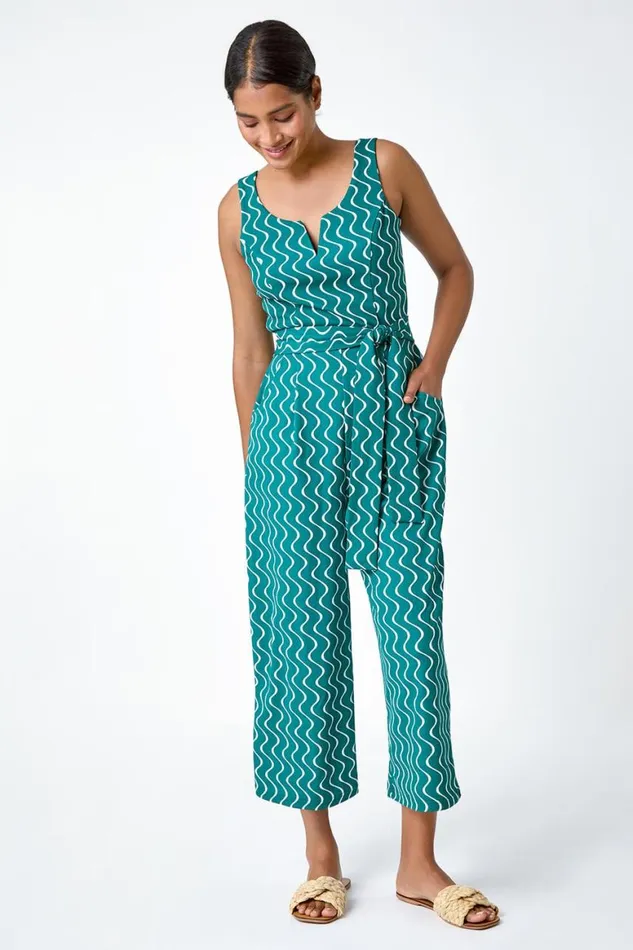 Women Forest Belted Wave Print Cropped Jumpsuit Roman Dresses