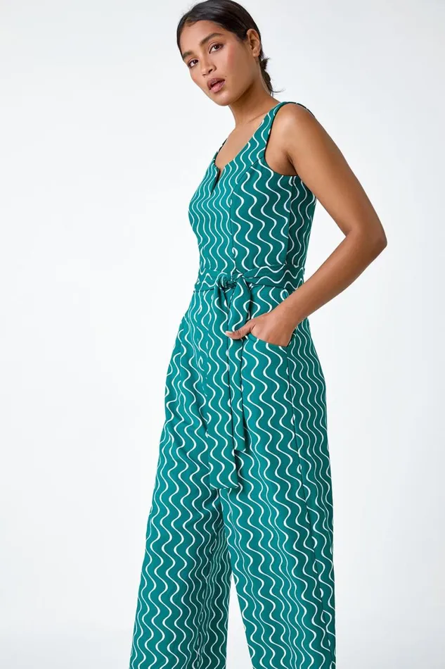 Women Forest Belted Wave Print Cropped Jumpsuit Roman Dresses