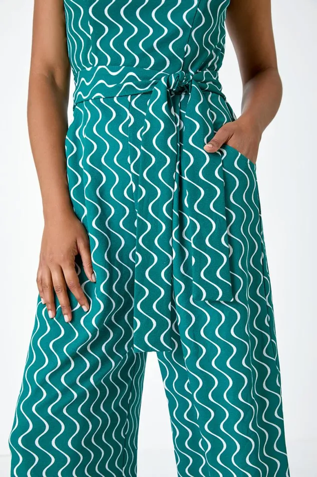 Women Forest Belted Wave Print Cropped Jumpsuit Roman Dresses