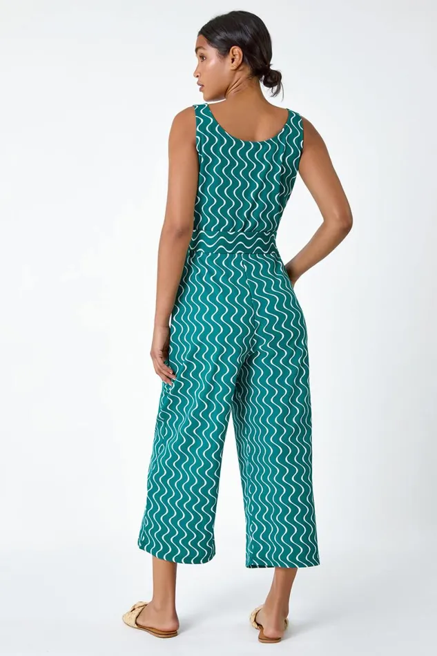 Women Forest Belted Wave Print Cropped Jumpsuit Roman Dresses